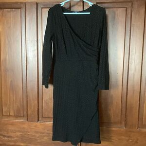 Modcloth Black Long Sleeve Polka Dot Knit Sweater Knee Length V-neck Dress Sz L